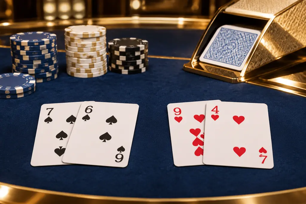 Dua tangan kartu baccarat dengan sepatu kartu