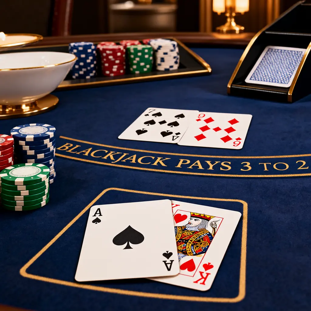 Kartu as dan kartu bernilai sepuluh di meja blackjack