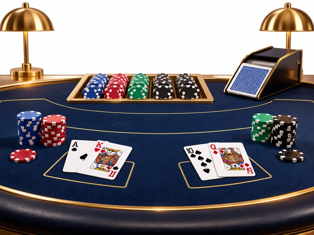 Meja blackjack kasino dengan kartu dan sepatu kartu