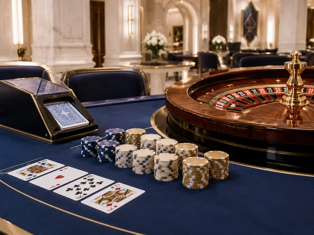 Perlengkapan kartu dan roda roulette di meja kasino