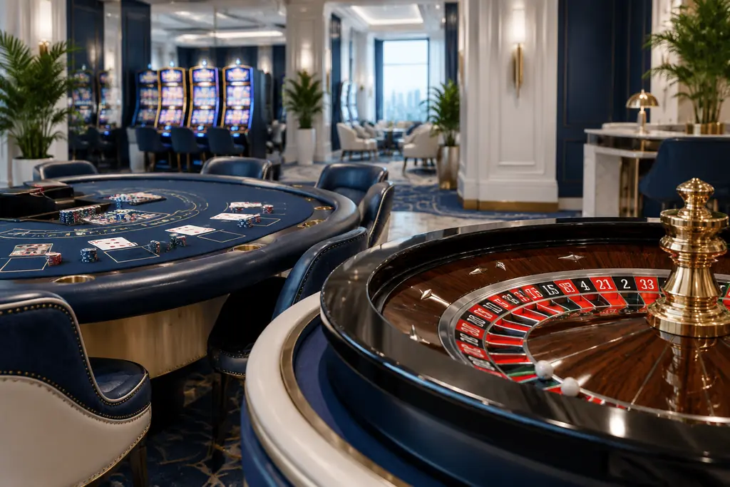 Ruang kasino dengan roda roulette, meja kartu, dan mesin slot